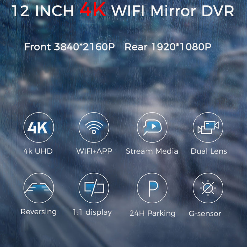 12" Car DVR 4K Dash Cam with Front, Rear & WIFI GPS