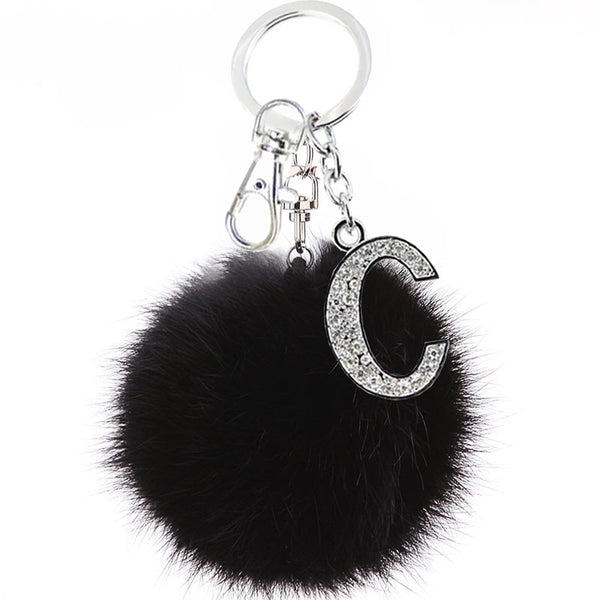 Fashion Fluffy Black Pompom Artificial Rabbit Fur Ball Keychain Crystal Letter Keyring Jewelry Bag Accessories Gift